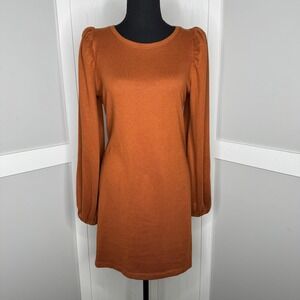 Nine West Sweater Dress Womens Medium Rust Orange Puff Sleeve Knit Stretch